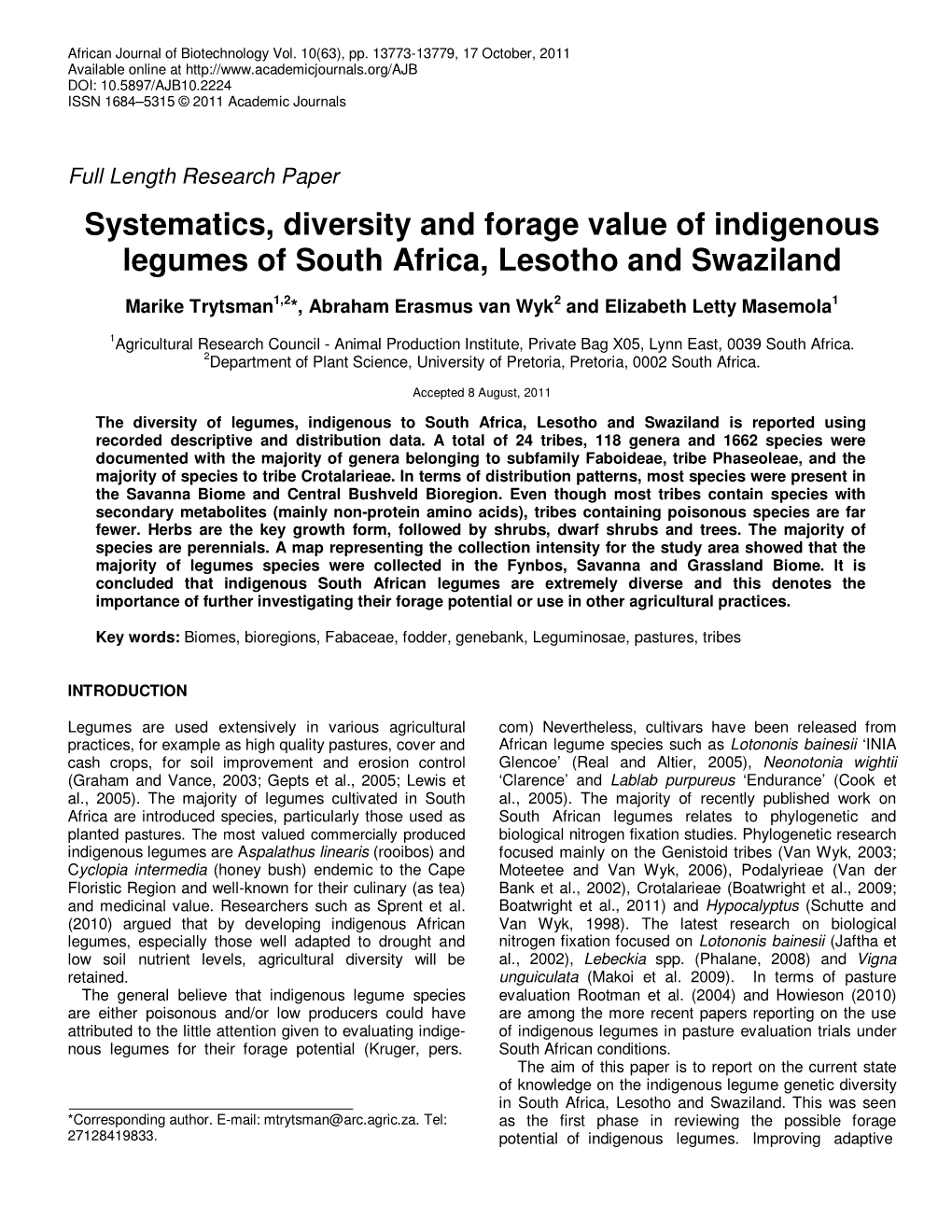 Systematics, Diversity and Forage Value of Indigenous Legumes of South Africa, Lesotho and Swaziland