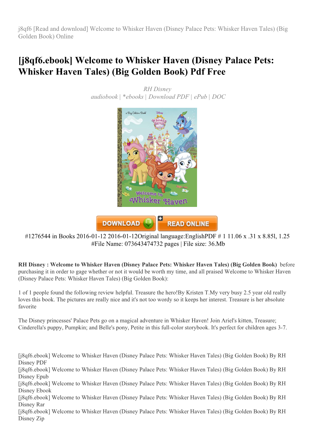 Welcome to Whisker Haven (Disney Palace Pets: Whisker Haven Tales) (Big Golden Book) Online