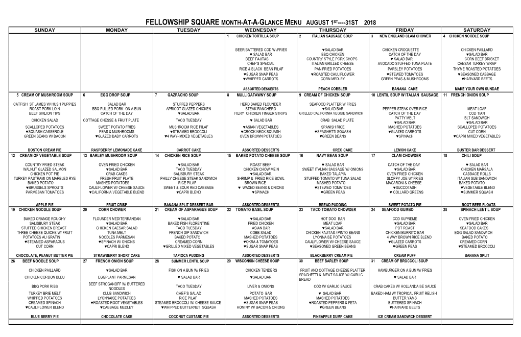 Sun Terrace Month-At-A-Glance Menu