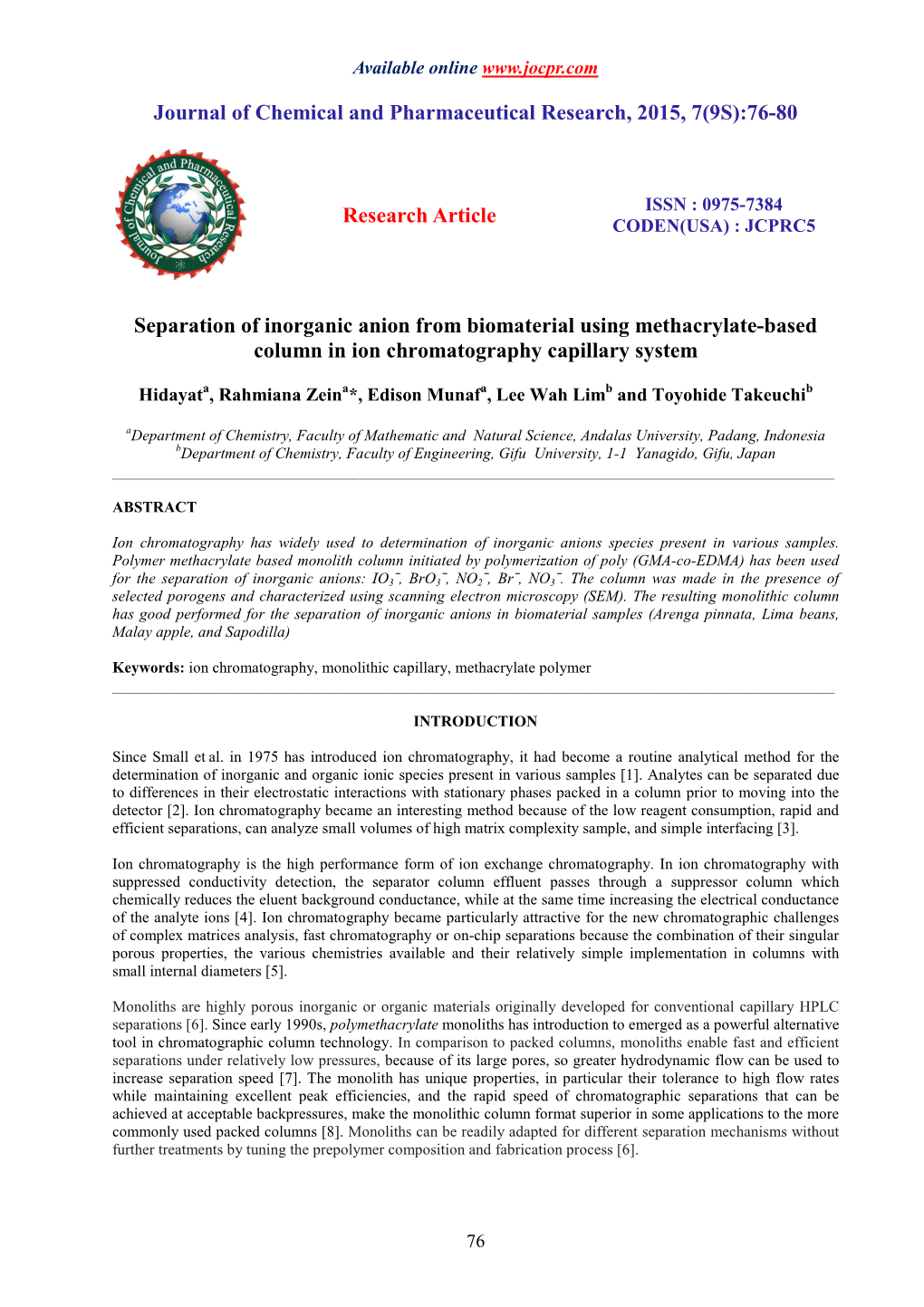 Separation of Inorganic Anion from Biomaterial Using Methacrylatebased Column in Ion Chromatography Capillary System