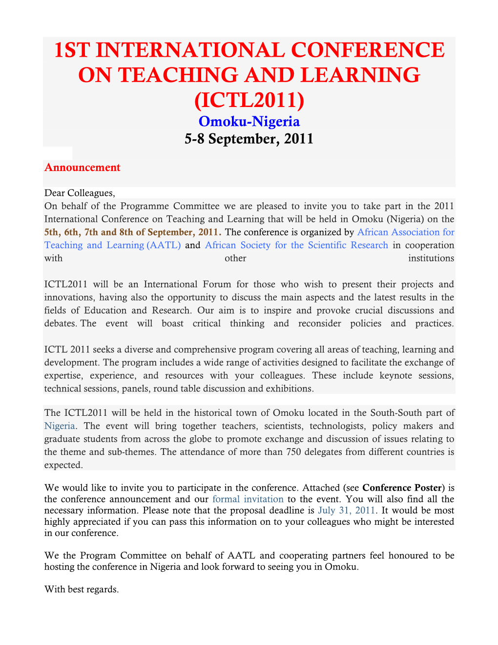 TL 2011 Seeks a Diverse and Comprehensive Program Covering All Areas of Teaching, Learning and Development