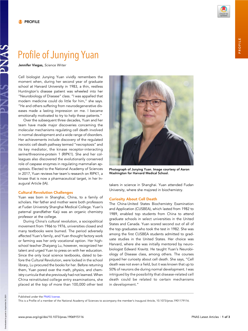 Profile of Junying Yuan PROFILE Jennifer Viegas, Science Writer
