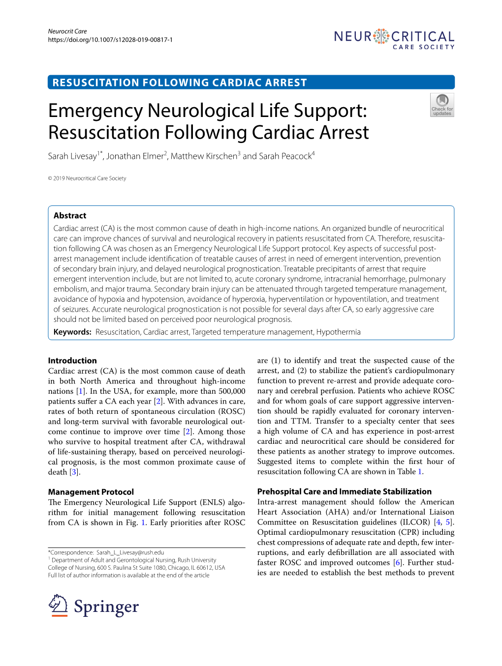 Emergency Neurological Life Support: Resuscitation Following Cardiac Arrest Sarah Livesay1*, Jonathan Elmer2, Matthew Kirschen3 and Sarah Peacock4