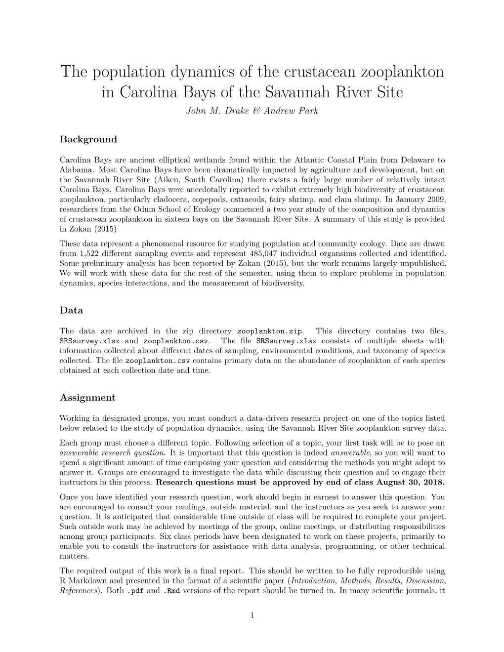 The Population Dynamics of the Crustacean Zooplankton in Carolina Bays of the Savannah River Site John M