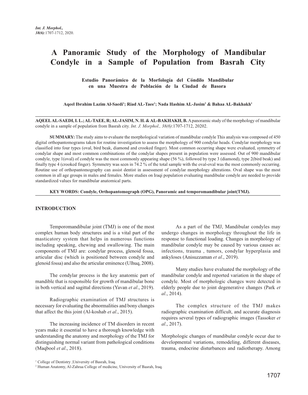 A Panoramic Study of the Morphology of Mandibular Condyle in a Sample of Population from Basrah City