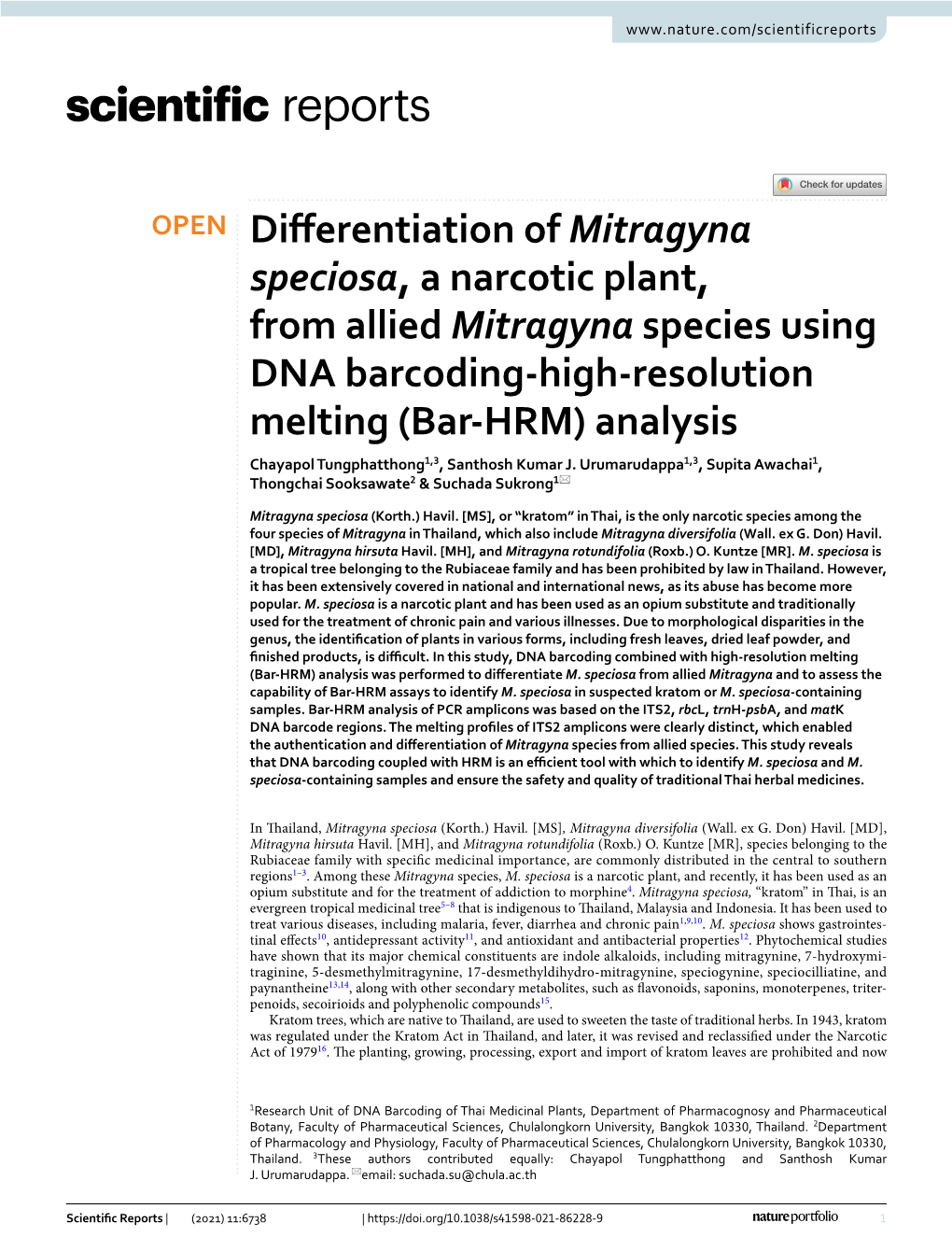 Differentiation of Mitragyna Speciosa, a Narcotic Plant, from Allied Mitragyna Species Using DNA Barcoding-High-Resolution Melti
