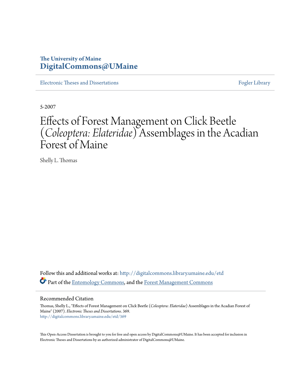 Effects of Forest Management on Click Beetle (Coleoptera: Elateridae) Assemblages in the Acadian Forest of Maine Shelly L