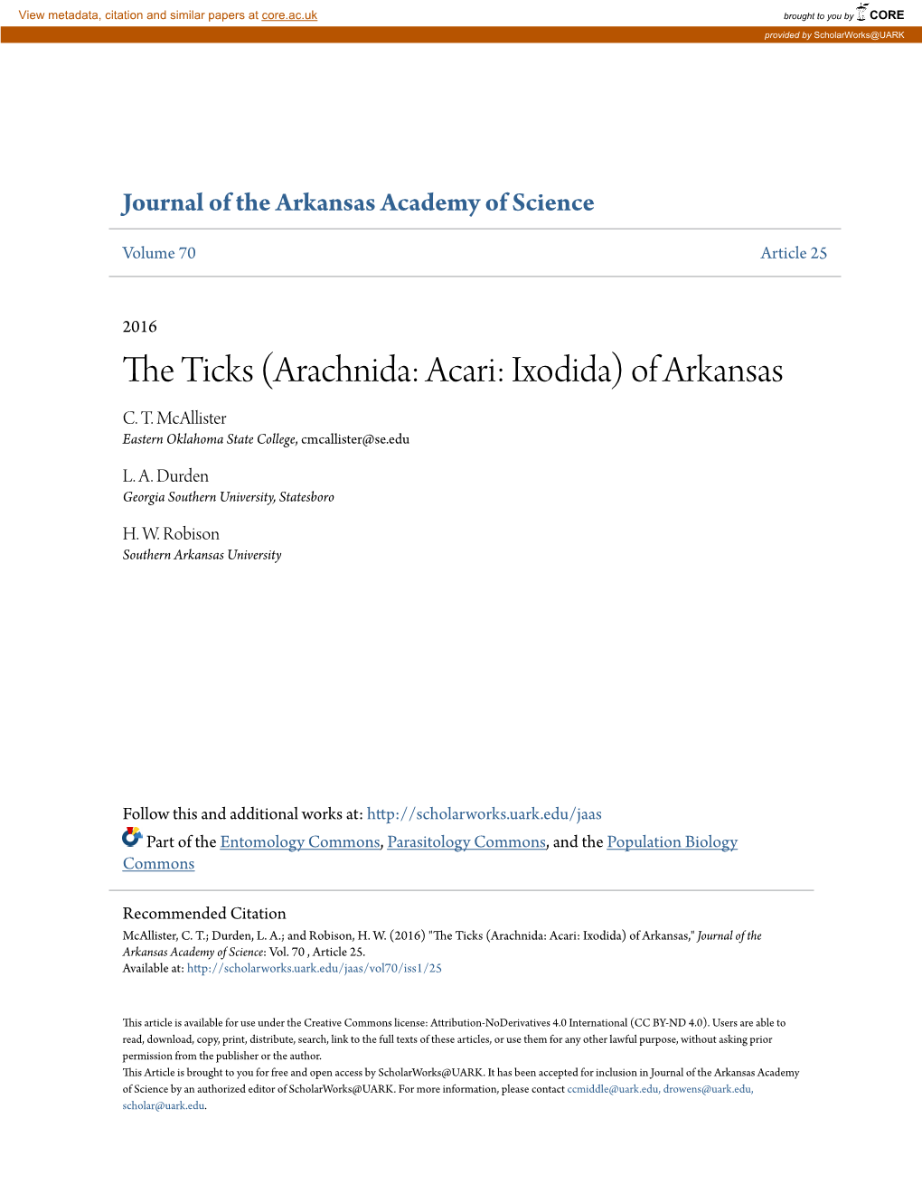 The Ticks (Arachnida: Acari: Ixodida) of Arkansas