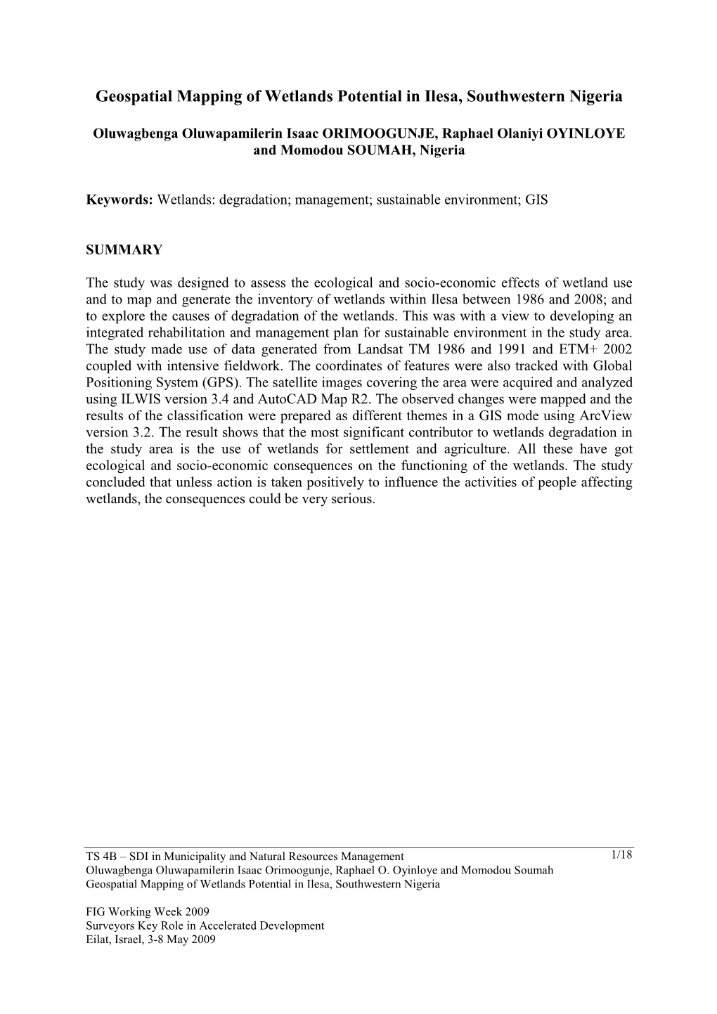 Geospatial Mapping of Wetlands Potential in Ilesa, Southwestern Nigeria