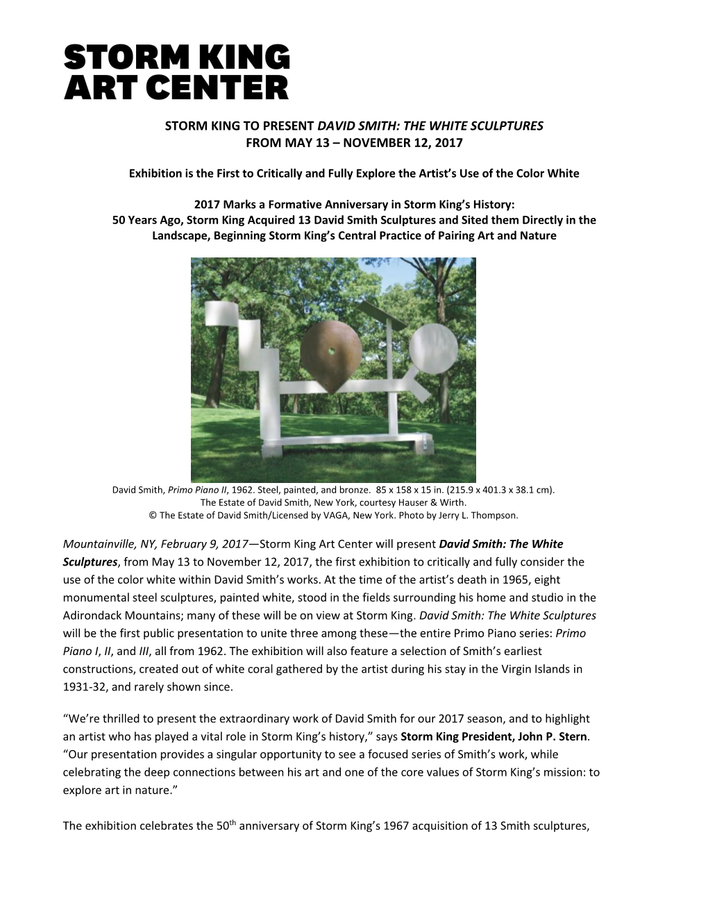 Storm King to Present David Smith: the White Sculptures from May 13 – November 12, 2017