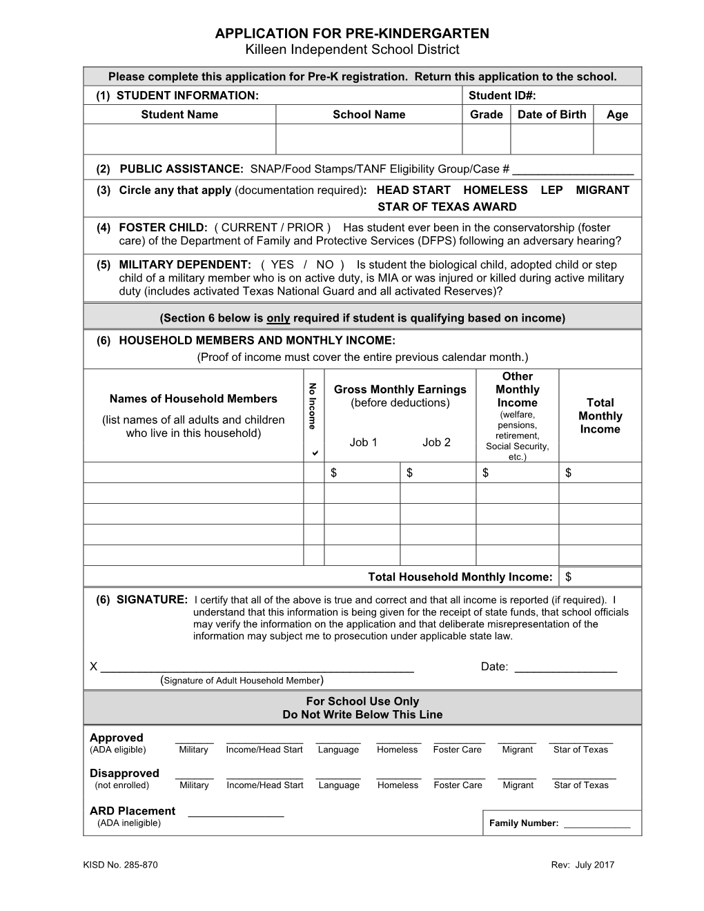 Please Complete This Application for Pre-K Registration