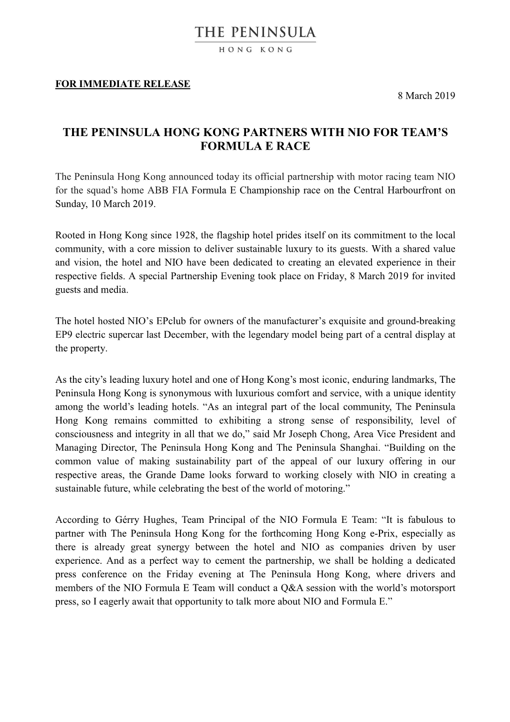 The Peninsula Hong Kong Partners with Nio for Team’S Formula E Race