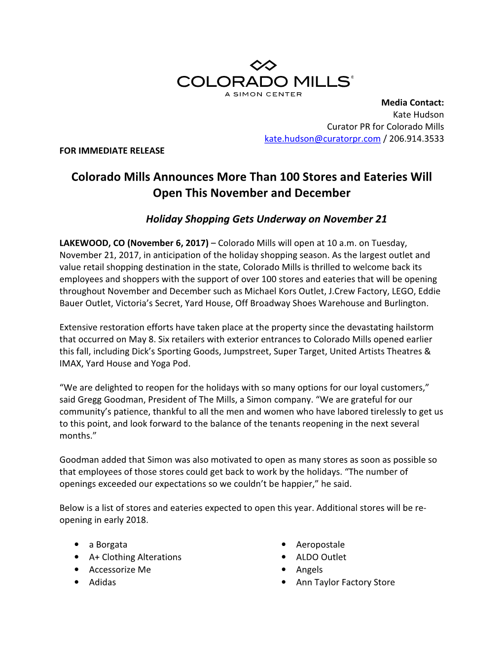 Colorado Mills Announces More Than 100 Stores and Eateries Will Open This November and December