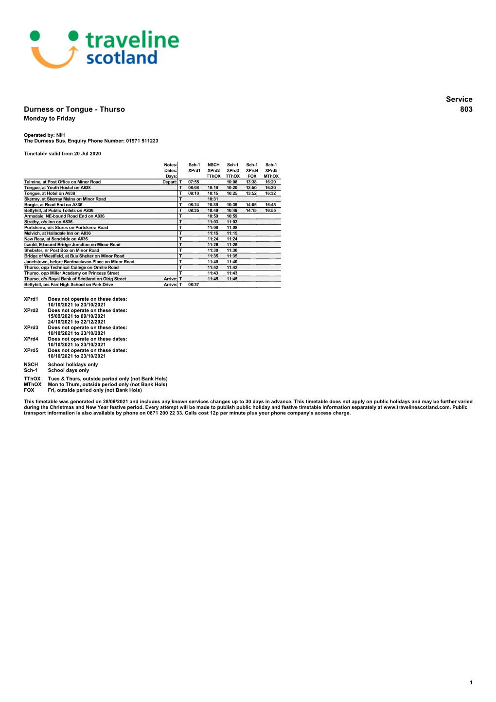 Service Durness Or Tongue - Thurso 803 Monday to Friday