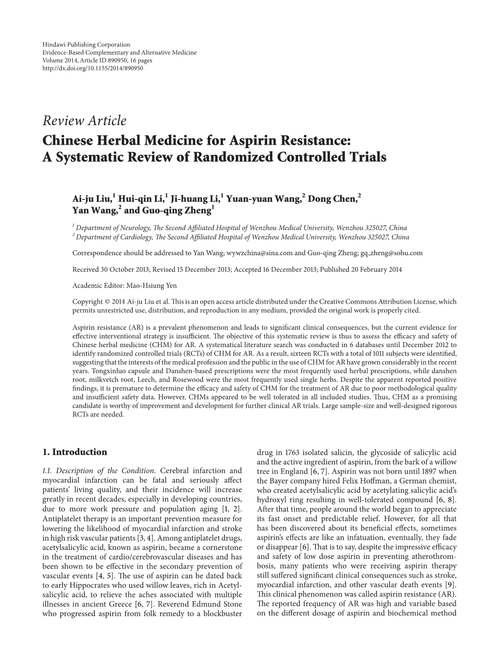 Chinese Herbal Medicine for Aspirin Resistance: a Systematic Review of Randomized Controlled Trials