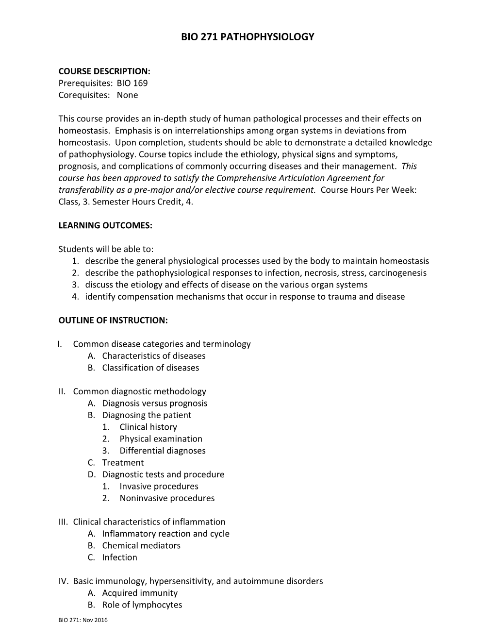 BIO 271 PATHOPHYSIOLOGY Course Outline