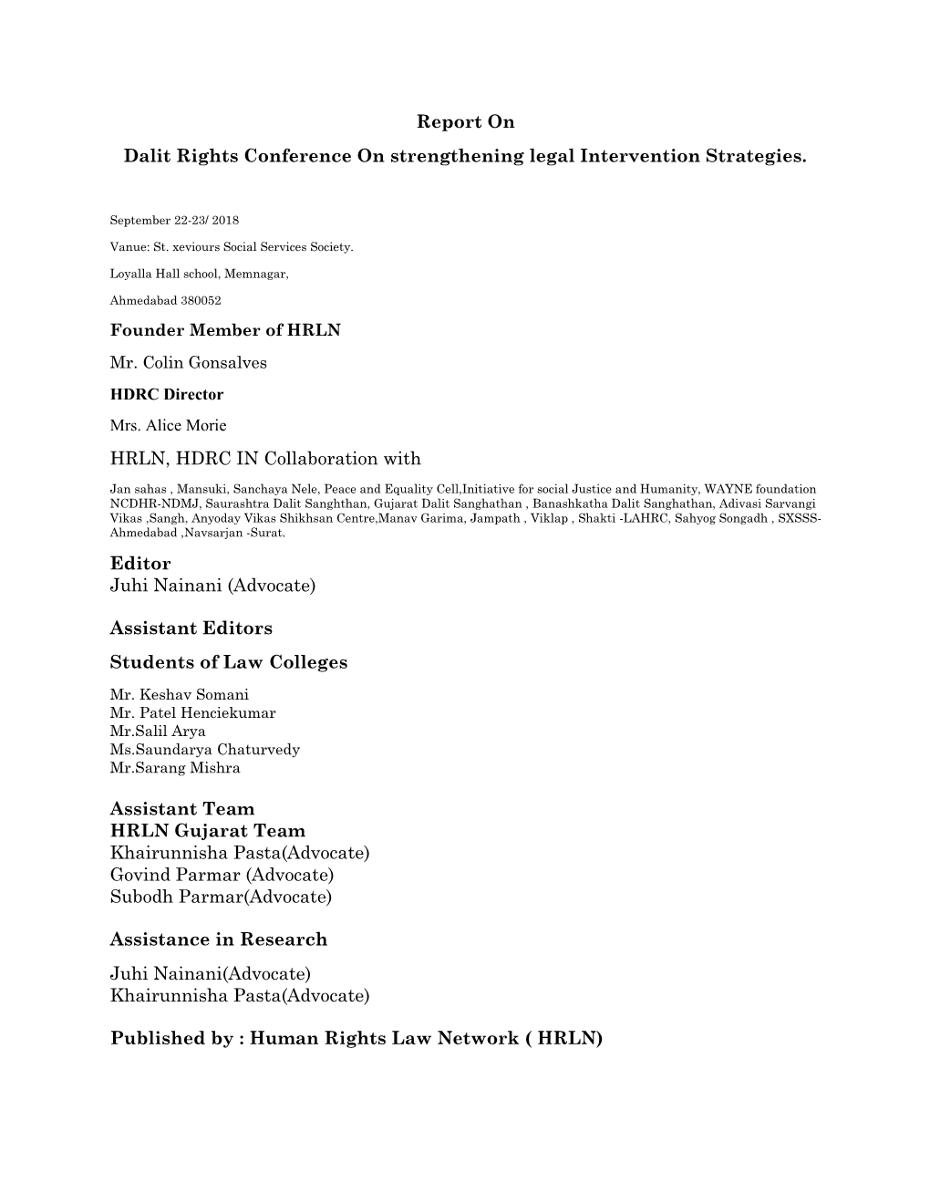 Report on Dalit Rights Conference on Strengthening Legal Intervention Strategies