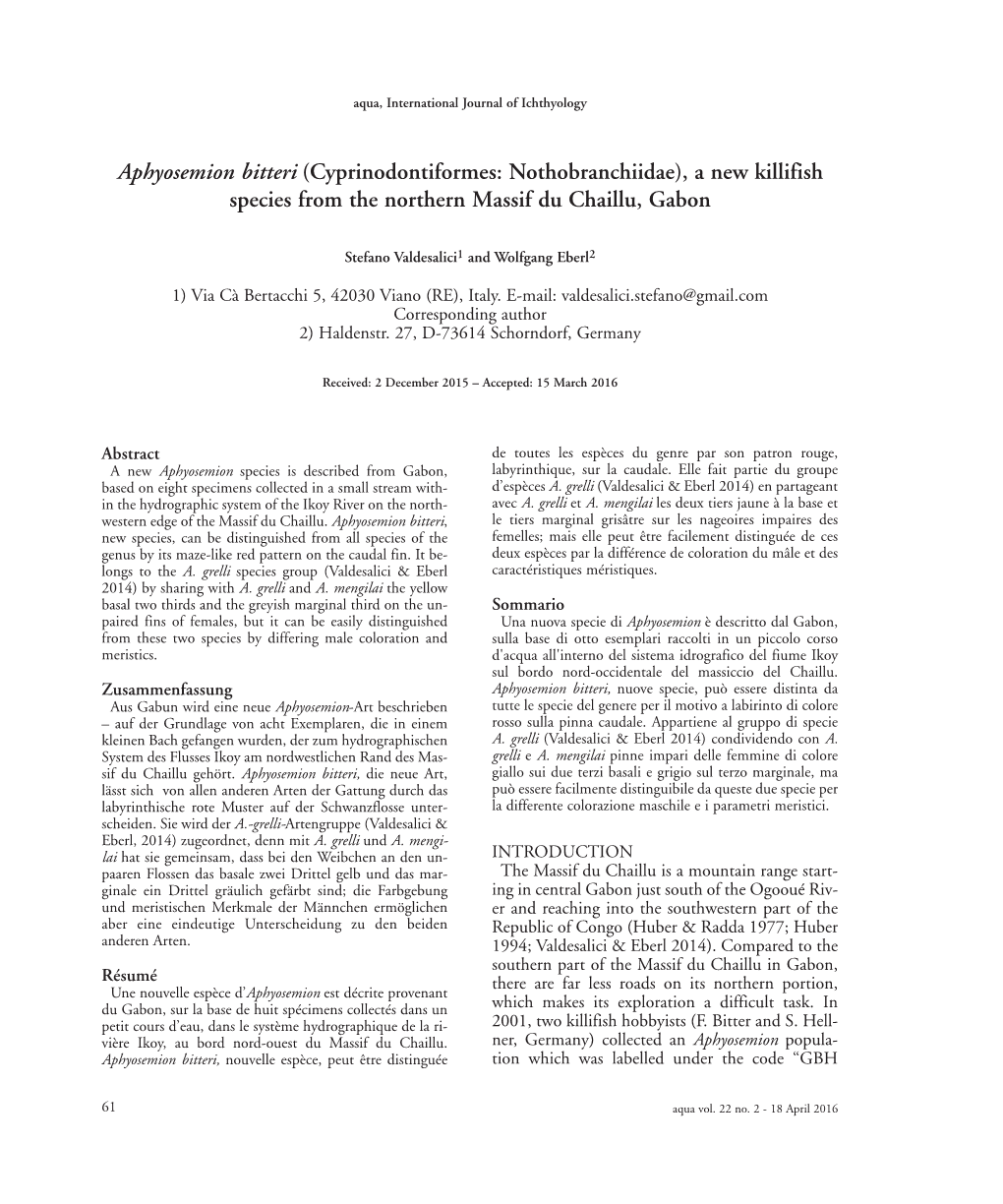 Aphyosemion Bitteri (Cyprinodontiformes: Nothobranchiidae), a New Killifish Species from the Northern Massif Du Chaillu, Gabon