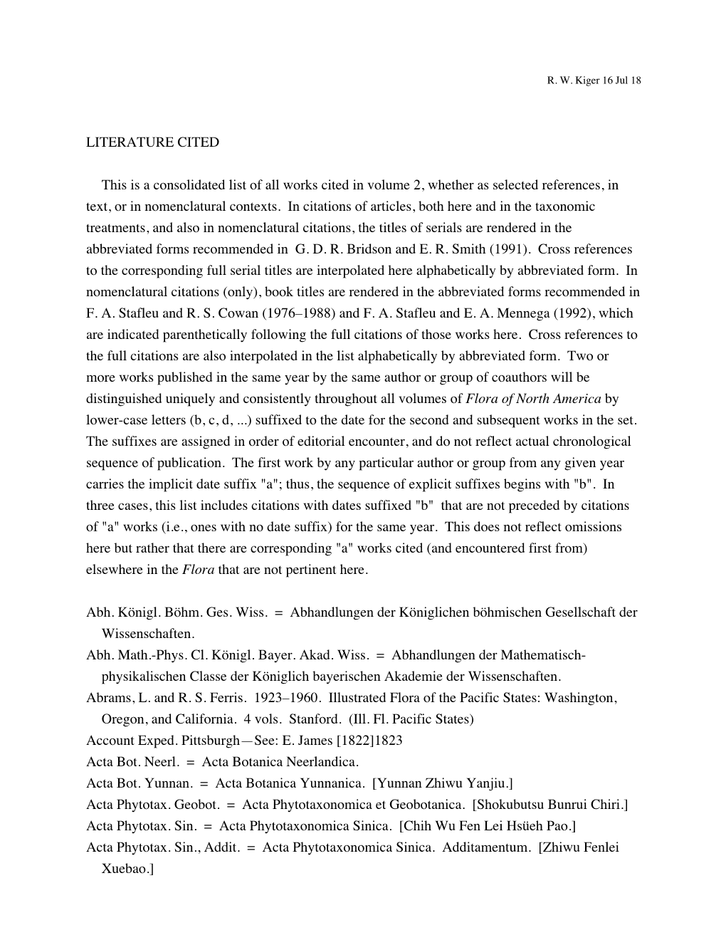 LITERATURE CITED This Is a Consolidated List of All Works Cited in Volume 2, Whether As Selected References, in Text, Or in Nome