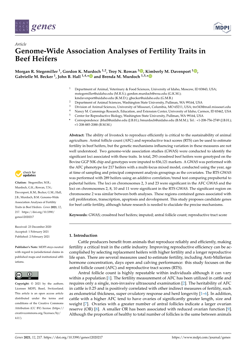 Genome-Wide Association Analyses of Fertility Traits in Beef Heifers