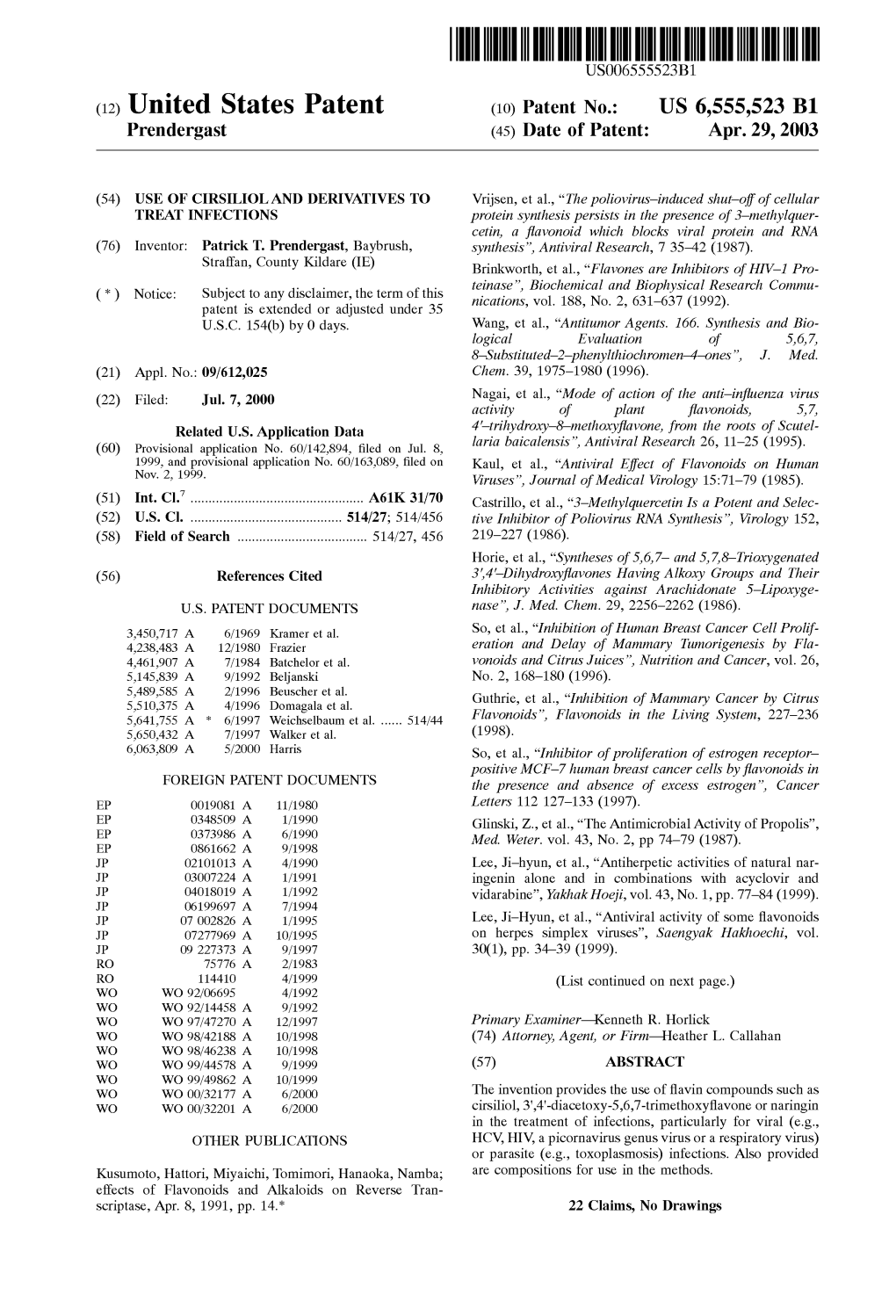 (12) United States Patent (10) Patent No.: US 6,555,523 B1 Prendergast (45) Date of Patent: Apr