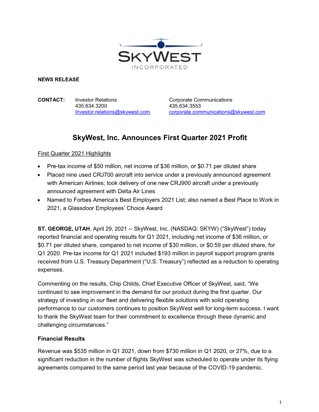 Skywest, Inc. Announces First Quarter 2021 Profit
