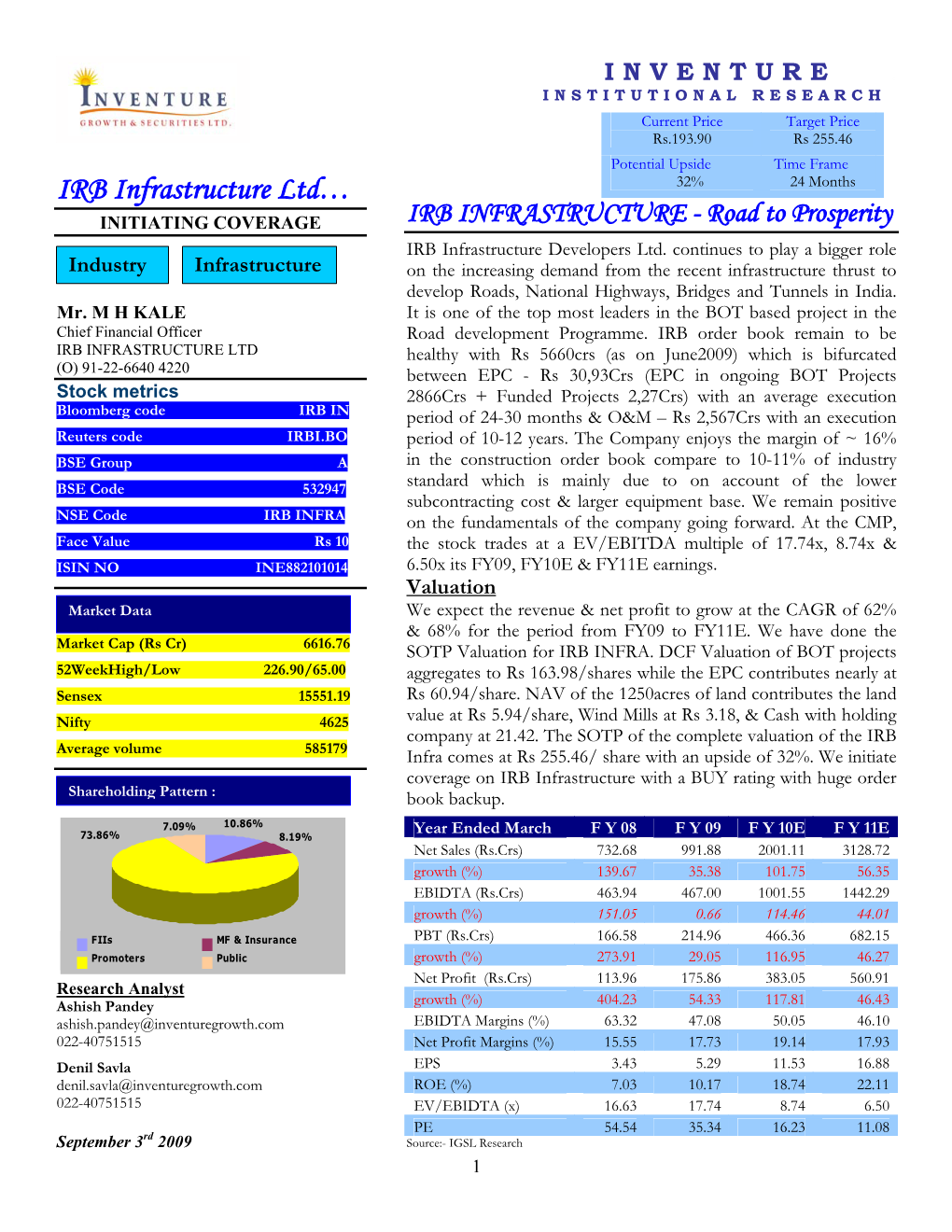 IRB Infrastructure Ltd… 32% 24 Months INITIATING COVERAGE IRB INFRASTRUCTURE - Road to Prosperity