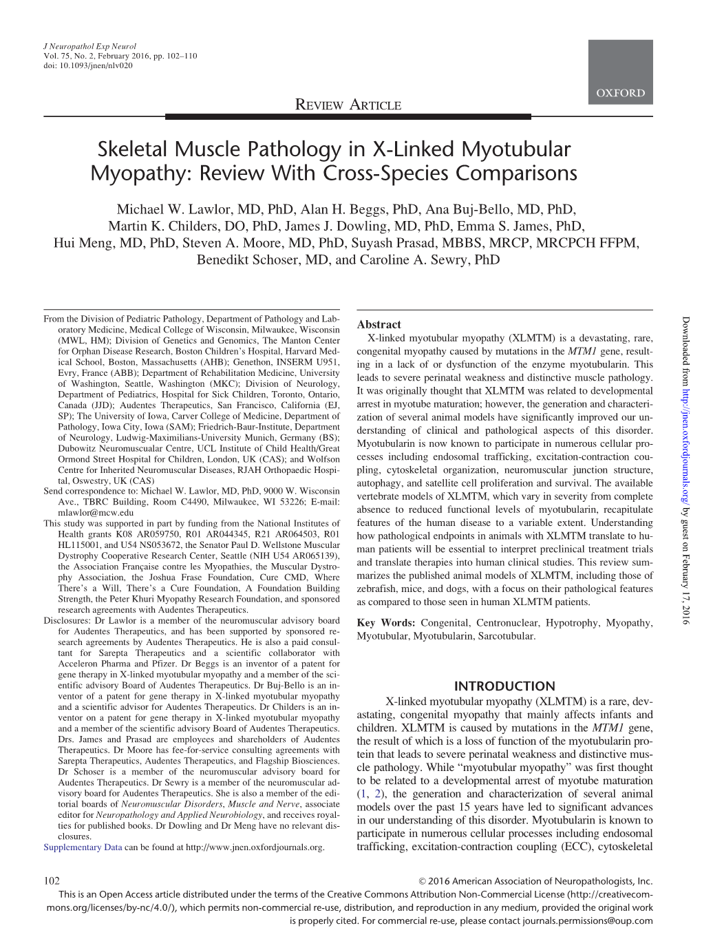 Skeletal Muscle Pathology in X-Linked Myotubular Myopathy: Review with Cross-Species Comparisons