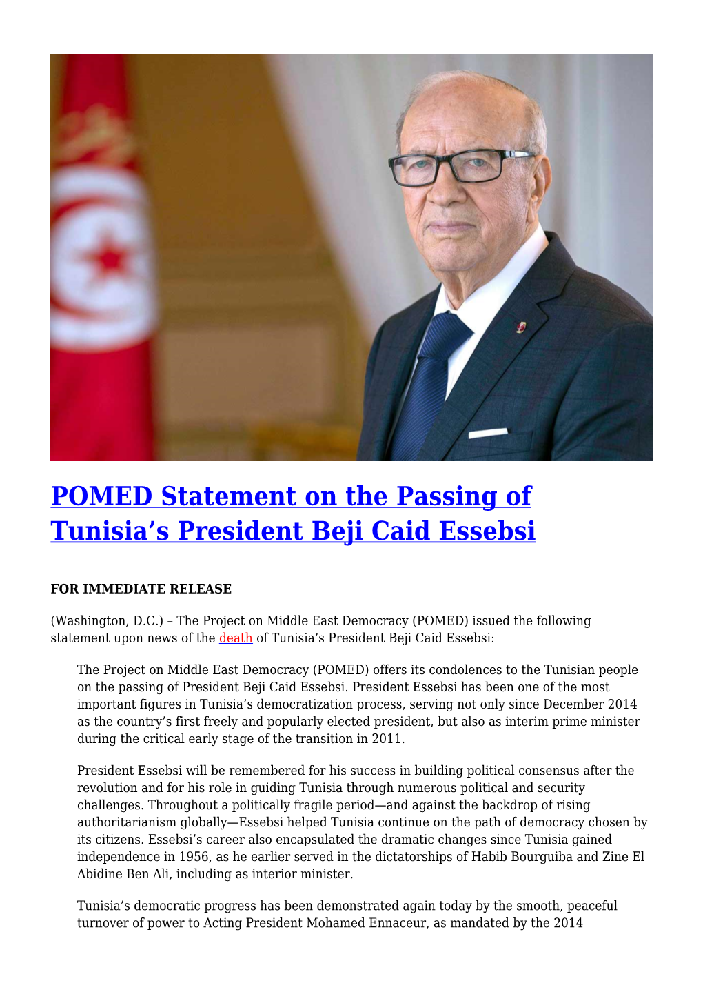 POMED Statement on the Passing of Tunisia's President Beji Caid Essebsi