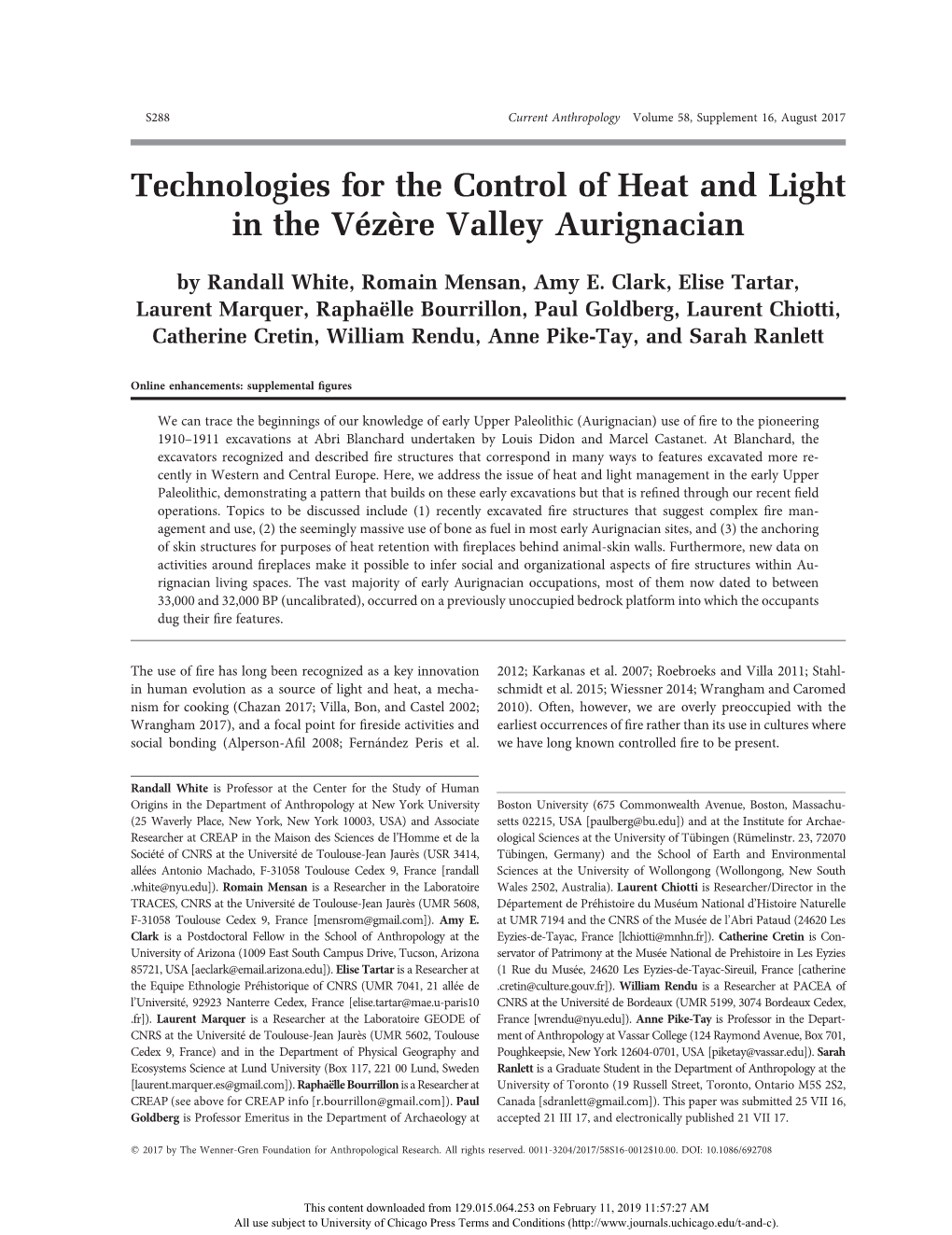 Technologies for the Control of Heat and Light in the Vézère Valley Aurignacian