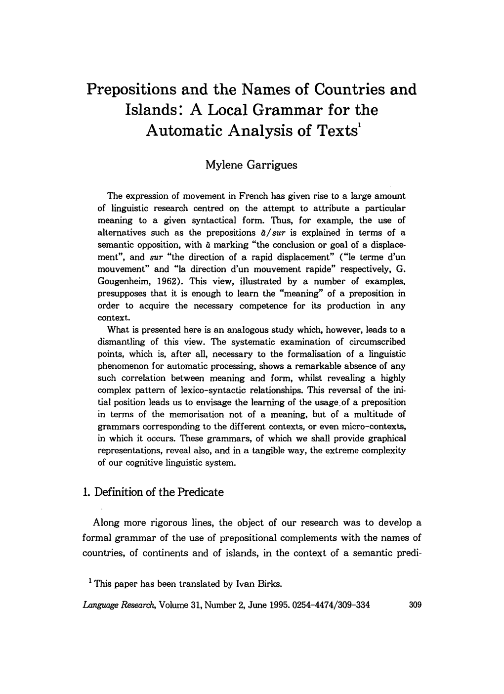 Prepositions and the Names of Countries and Islands: a Local Grammar for the Automatic Analysis of Texts1