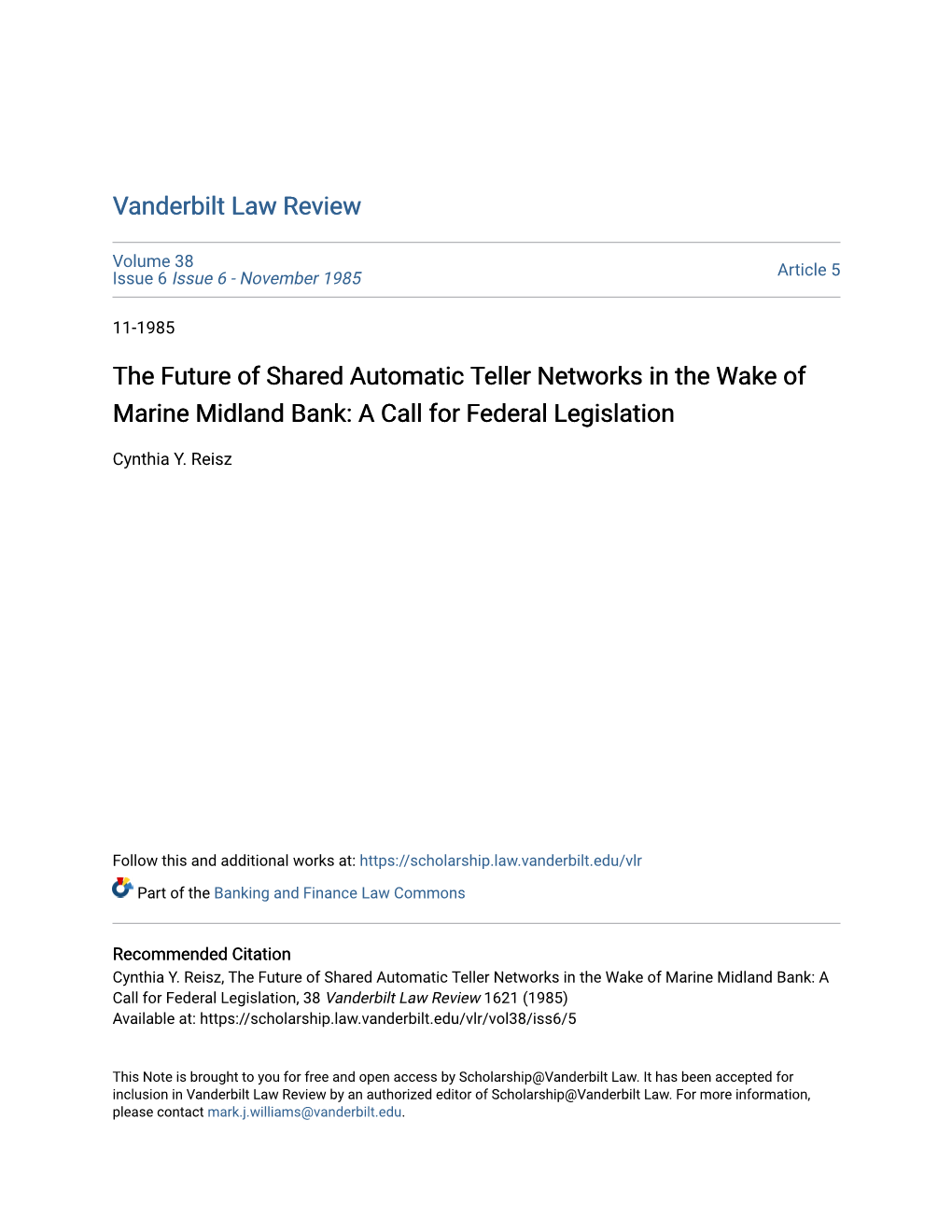 The Future of Shared Automatic Teller Networks in the Wake of Marine Midland Bank: a Call for Federal Legislation