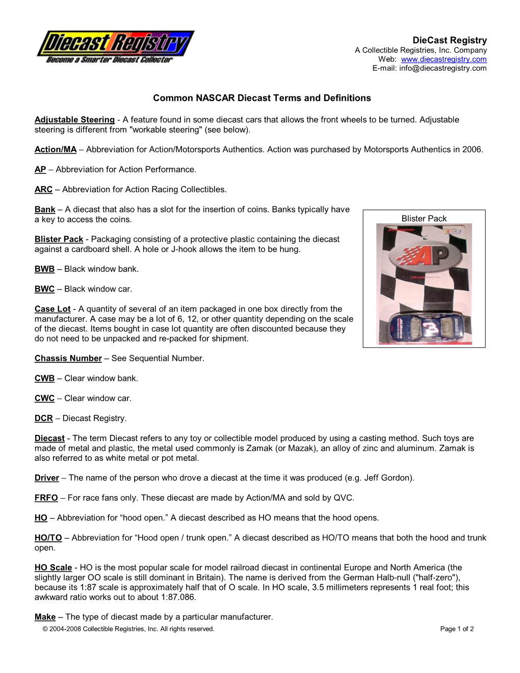 Diecast Registry the #1 Racing NASCAR Diecast Price Guide