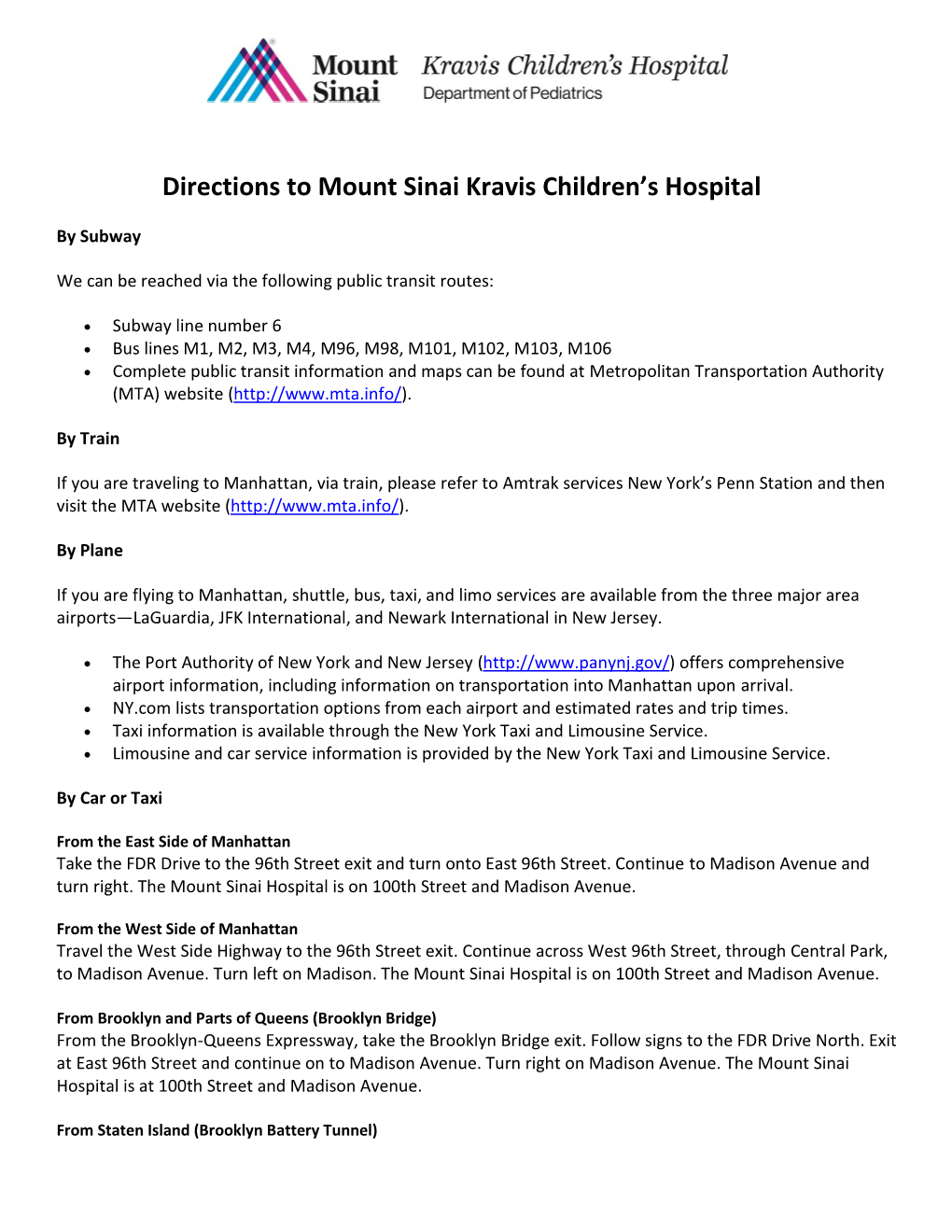 Directions to Mount Sinai Kravis Children's Hospital