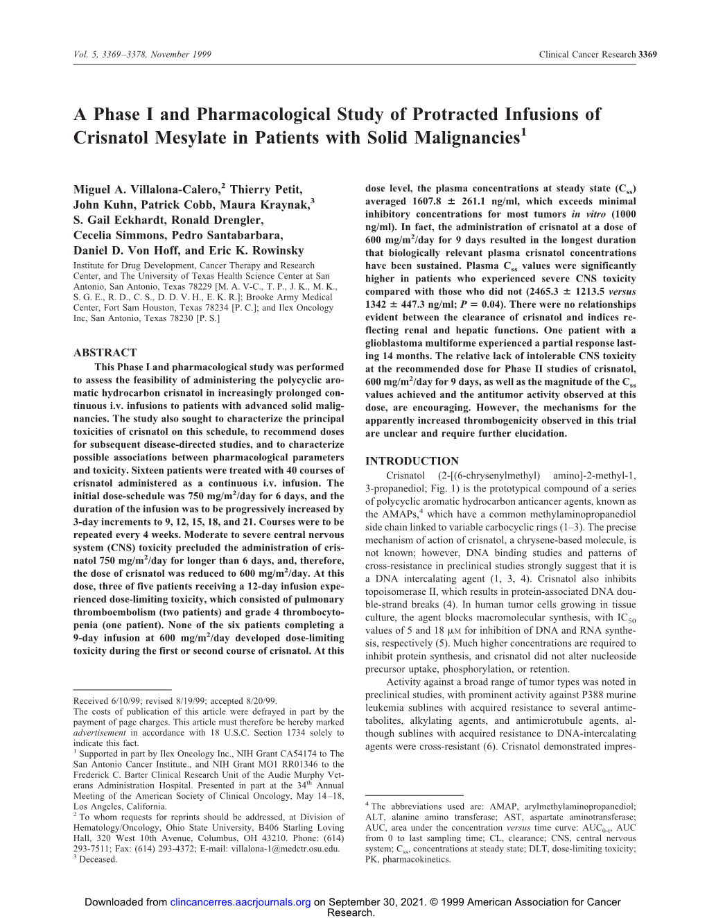 A Phase I and Pharmacological Study of Protracted Infusions of Crisnatol Mesylate in Patients with Solid Malignancies1