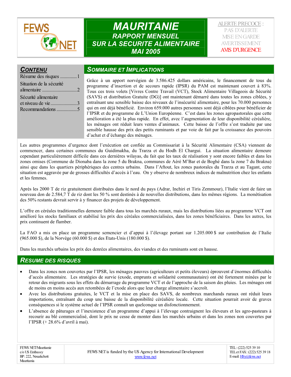 Mauritanie Pas D’Alerte Rapport Mensuel Mise En Garde Sur La Securite Alimentaire Avertissement Mai 2005 Avis D’Urgence