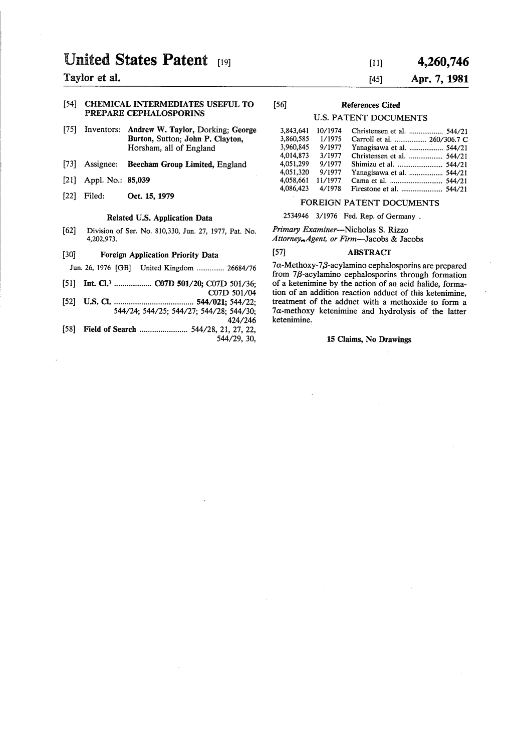 United States Patent (19) 11 4,260,746 Taylor Et Al