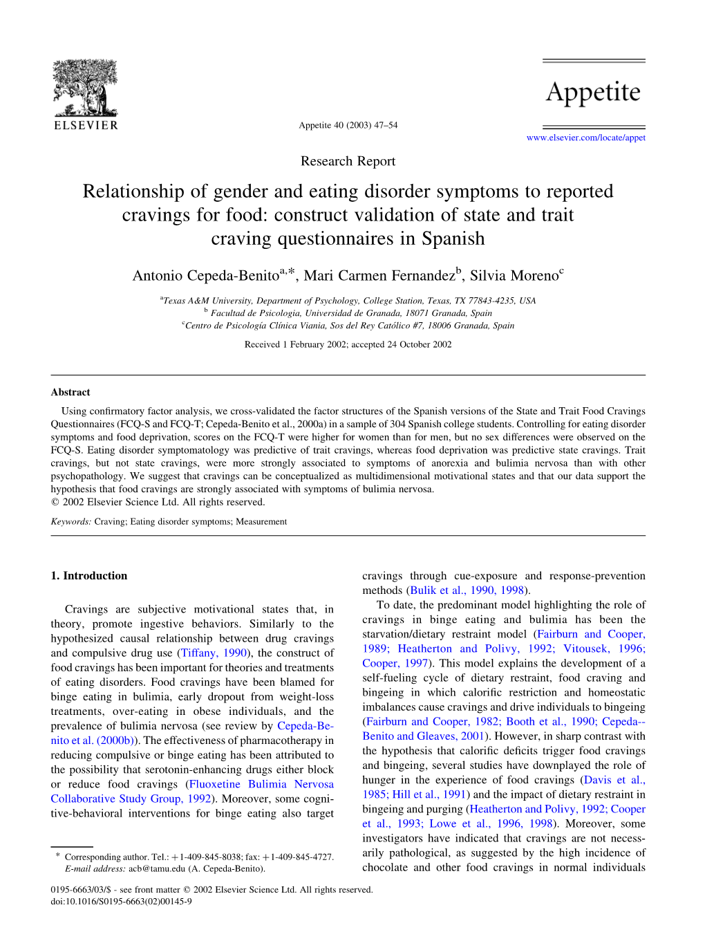 Relationship of Gender and Eating Disorder Symptoms to Reported Cravings for Food: Construct Validation of State and Trait Craving Questionnaires in Spanish