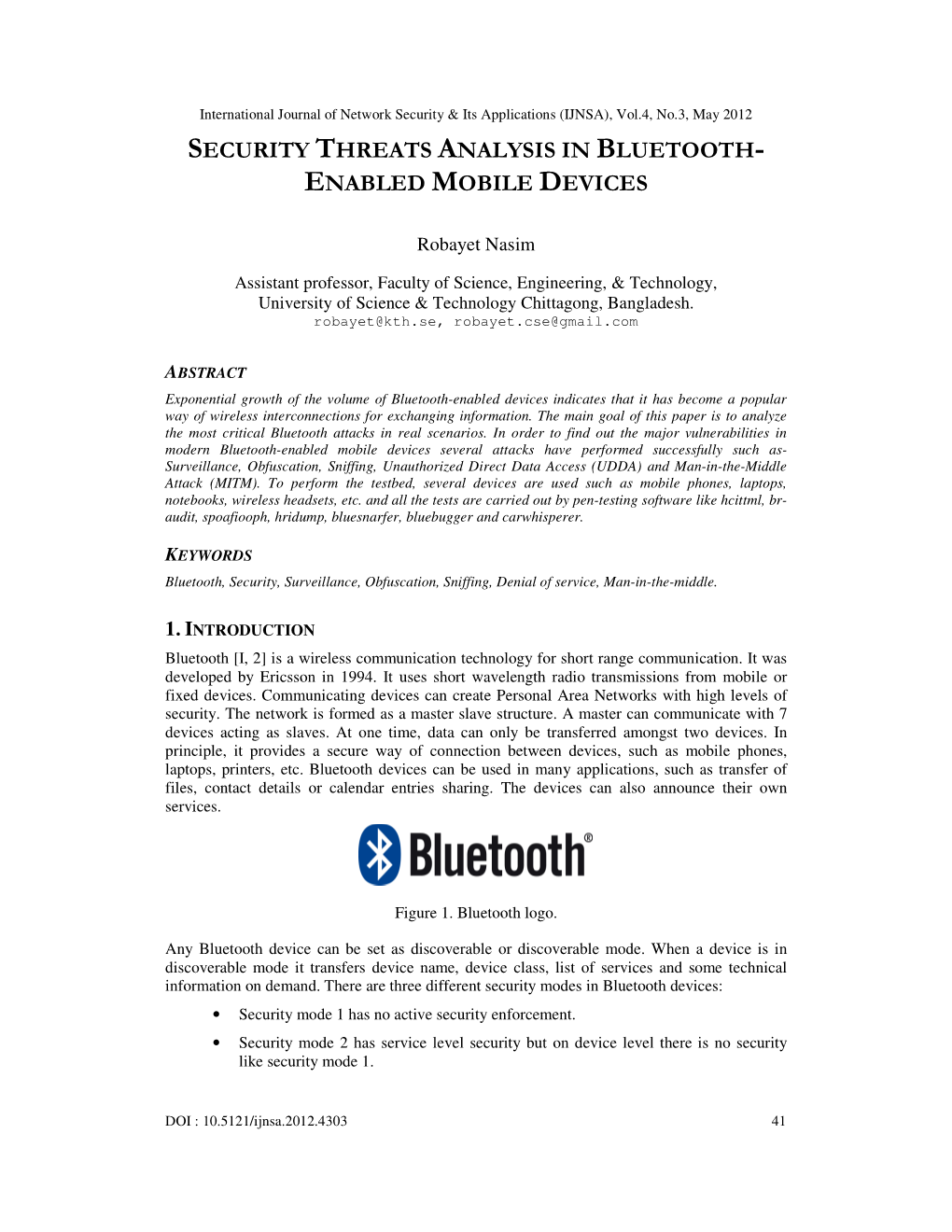 Security Threats Analysis in Bluetooth - Enabled Mobile Devices