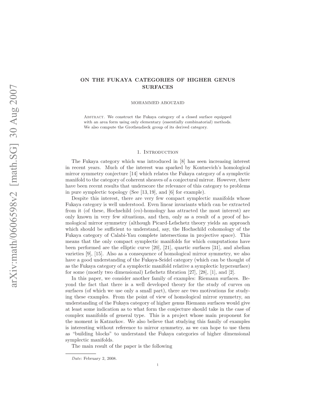 Arxiv:Math/0606598V2 [Math.SG] 30 Aug 2007 S“Uligbok”T Nesadtefky Aeoisof Categories Fukaya the C We Understand F Manifolds