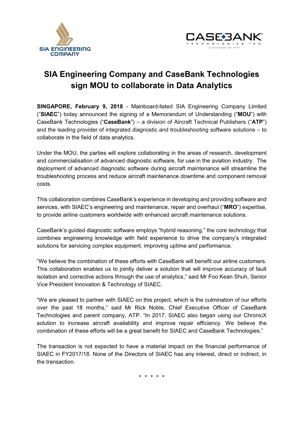 SIA Engineering Company and Casebank Technologies Sign MOU to Collaborate in Data Analytics