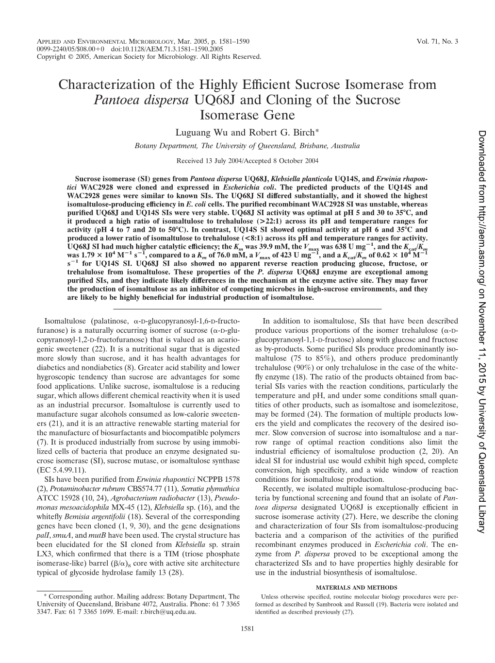 Characterization of the Highly Efficient Sucrose Isomerase from Pantoea