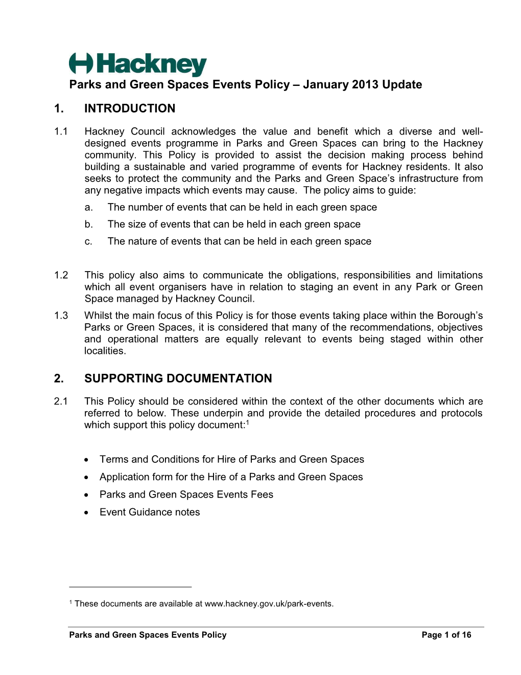 Parks and Green Spaces Events Policy – January 2013 Update