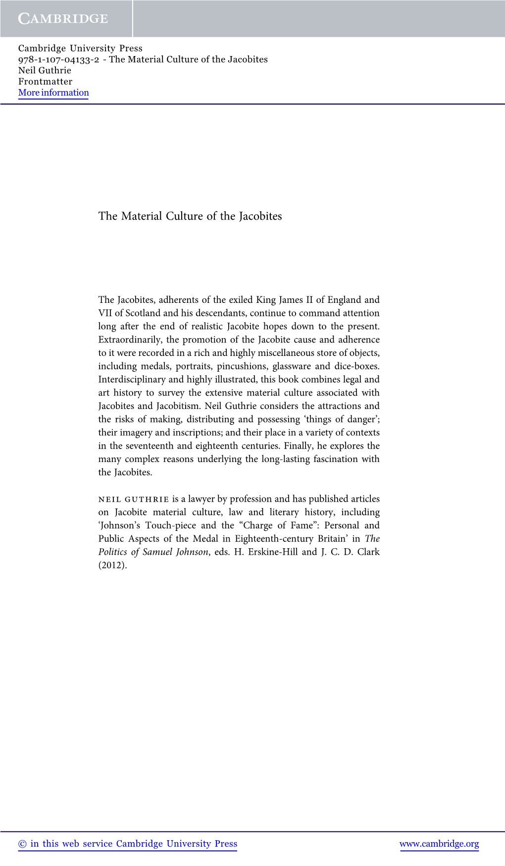 The Material Culture of the Jacobites Neil Guthrie Frontmatter More Information