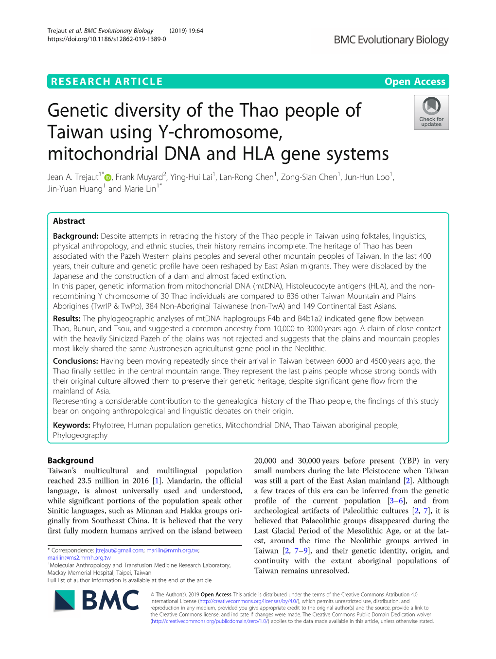 Genetic Diversity of the Thao People of Taiwan Using Y-Chromosome, Mitochondrial DNA and HLA Gene Systems Jean A