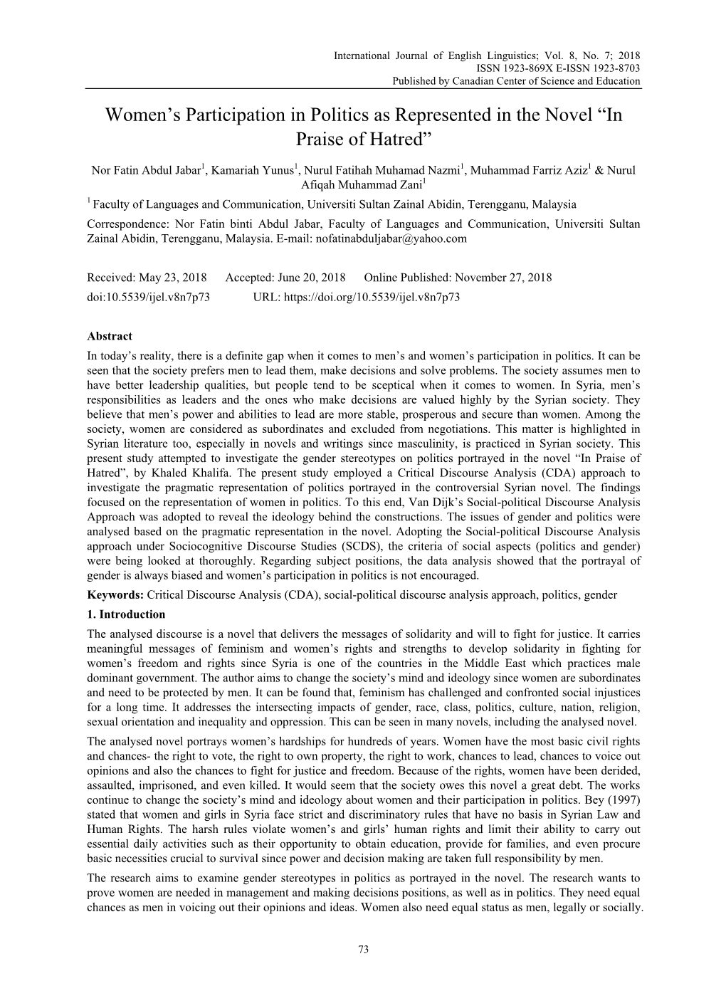 Women's Participation in Politics As Represented in the Novel “In Praise