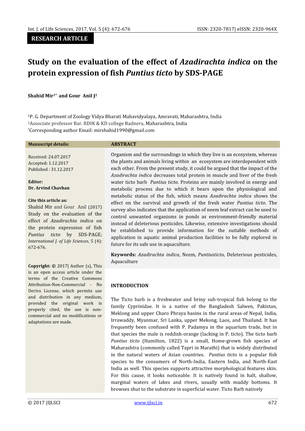 Study on the Evaluation of the Effect of Azadirachta Indica on the Protein Expression of Fish Puntius Ticto by SDS-PAGE