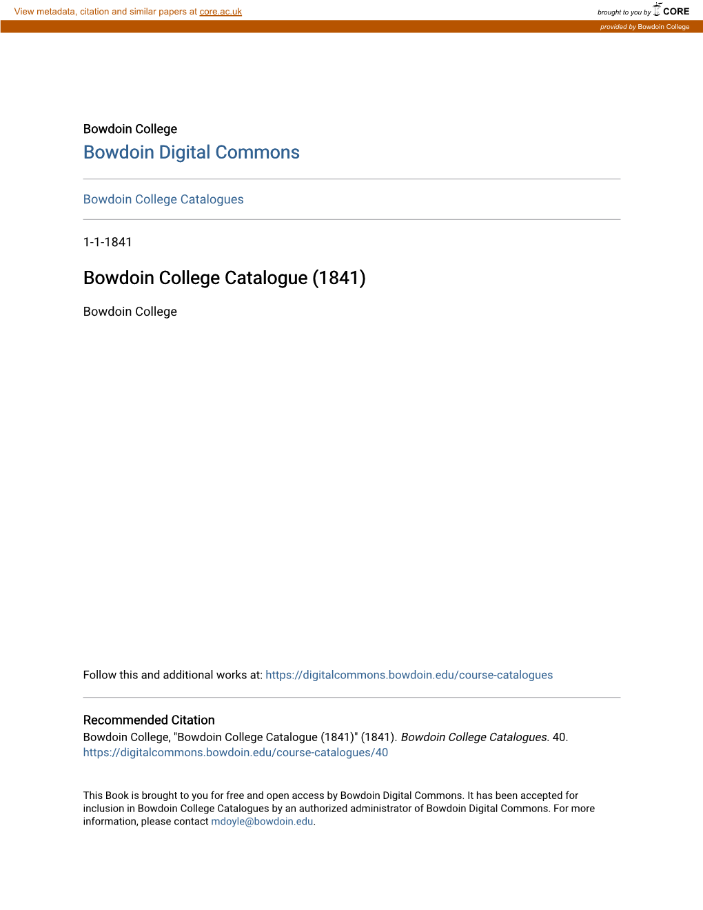 Bowdoin College Catalogue (1841)