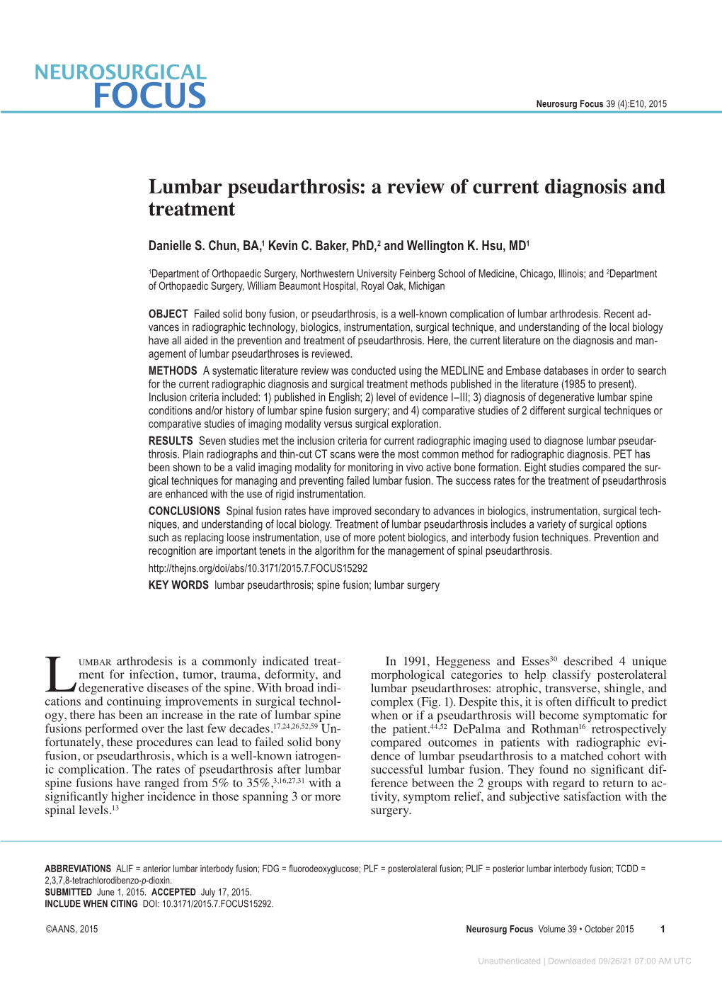 Lumbar Pseudarthrosis: a Review of Current Diagnosis and Treatment