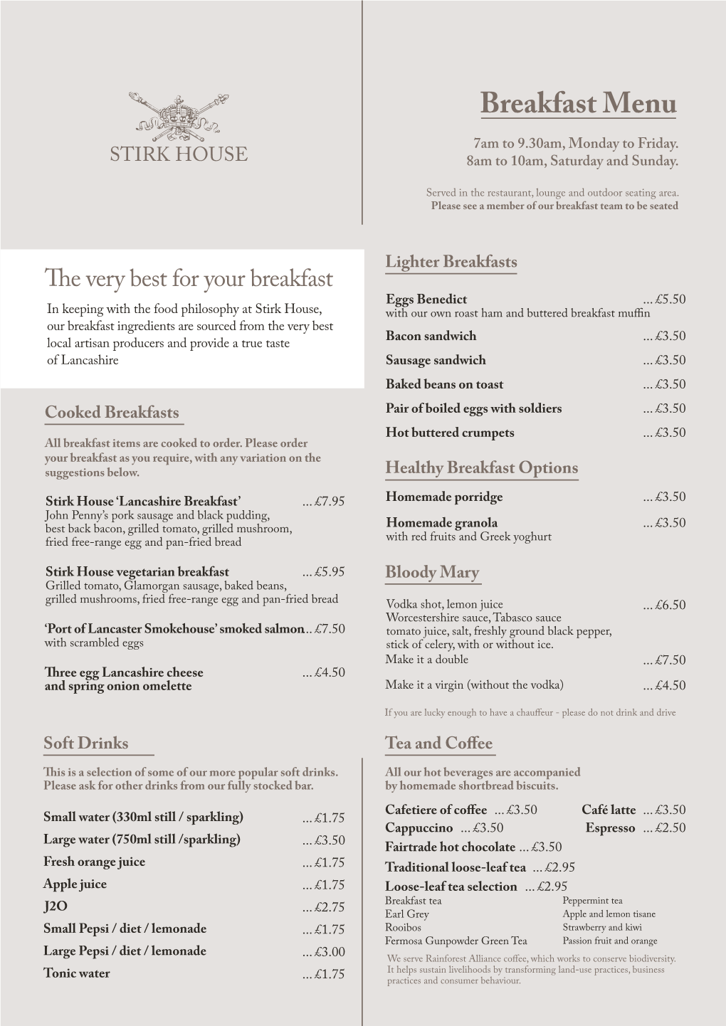 Breakfast Menu 7Am to 9.30Am, Monday to Friday